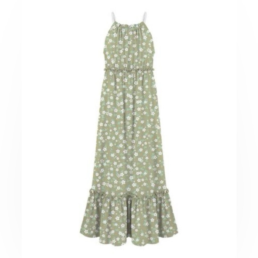 Girls “Ditzy Floral” print green summer maxi dress. Girls Med